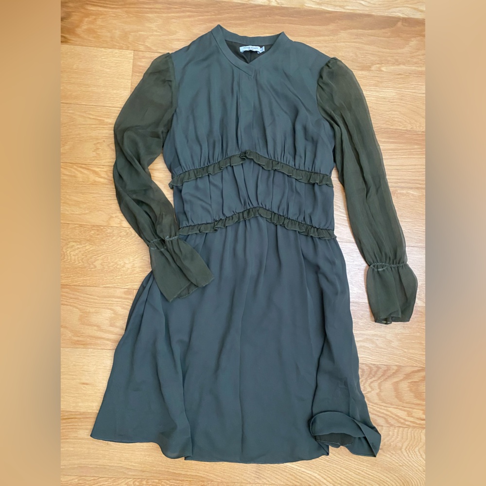 Petite Studio NYC Olive Green Long Sleeve Ruffle Mesh Mini Dress